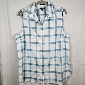 Lands' End 100% Supima Cotton Sleeveless Tank Top Button Front `16 Window Pane